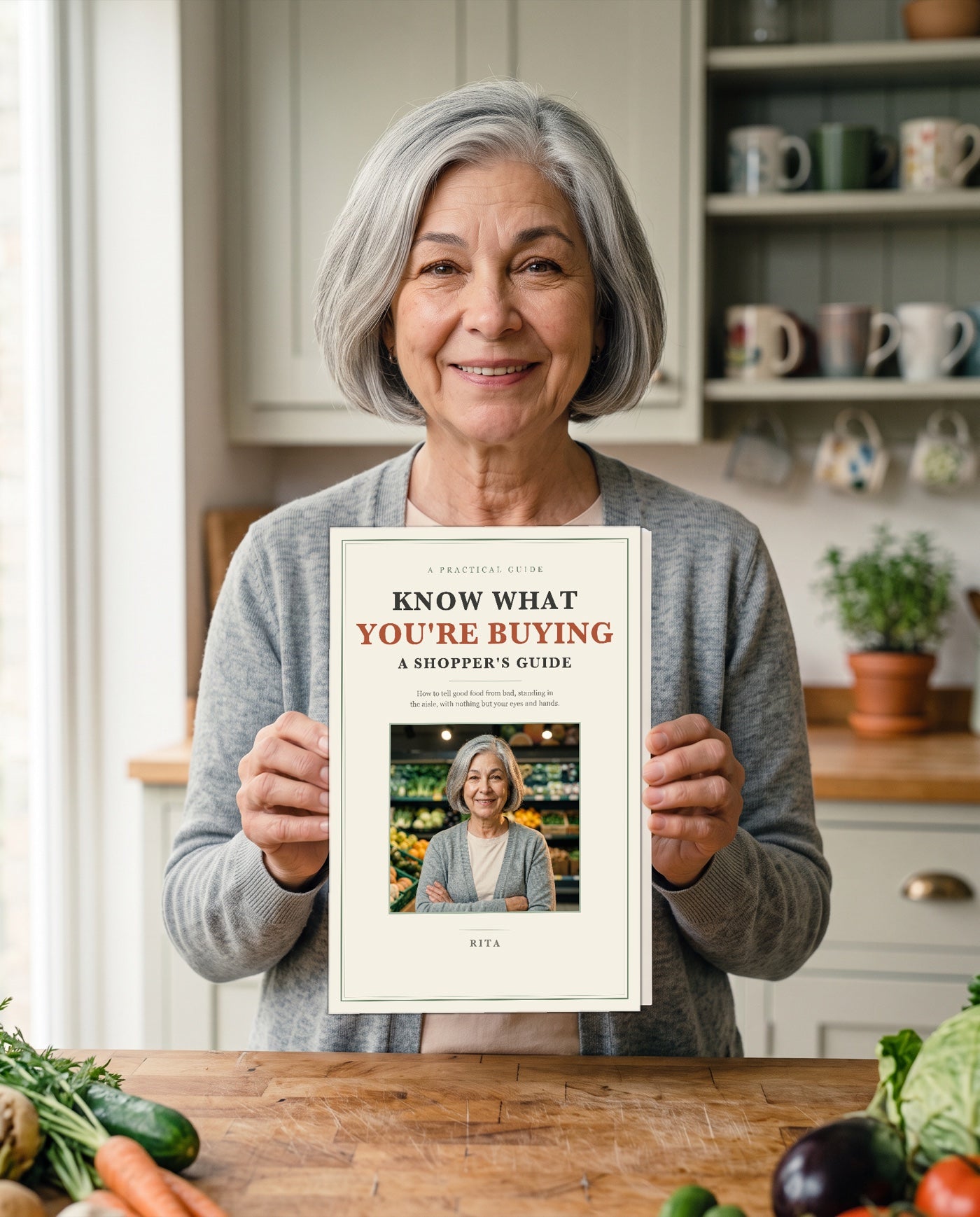Rita holding Know What You're Buying: A Shopper's Guide